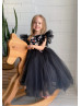 Black 3D Floral Lace Tulle Beaded Flower Girl Dress